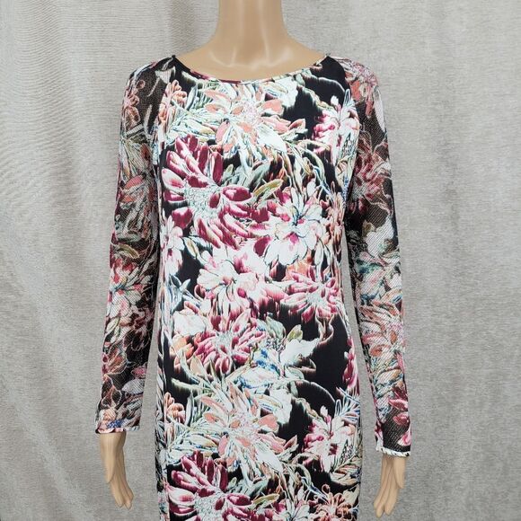 L'AGENCE Silk Floral Midi Dress with Mesh Long Sleeves Black Women's Size 8 - Picture 4 of 12